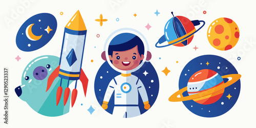 Space adventure for kids with astronaut, planets, and rocket illustration