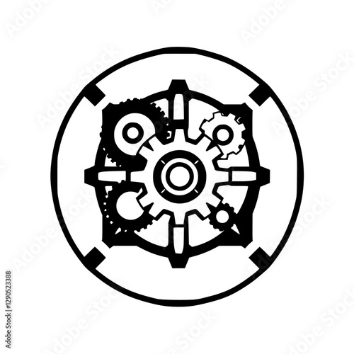 Gears & Cogs: Industrial Black & White Design, Symbolic Tech Icon, Gear-Shaped Complex Mechanism.