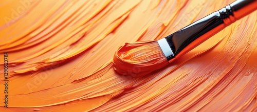 Artistic equipment paint brushes spatula and art palette with vibrant orange acrylic paint strokes on a textured surface background