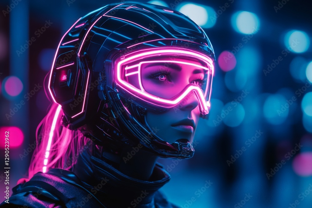 Futuristic athlete in neon-lit city wearing advanced helmet with visor during nighttime sports event Futuristic athlete in neon-lit city wearing advanced helmet with visor during nighttime sports event