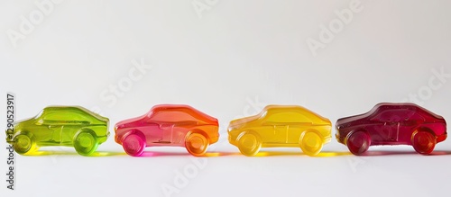 Vibrant array of five gummy car-shaped candies in green, pink, orange, yellow, and red positioned on a clean white surface with ample copy space