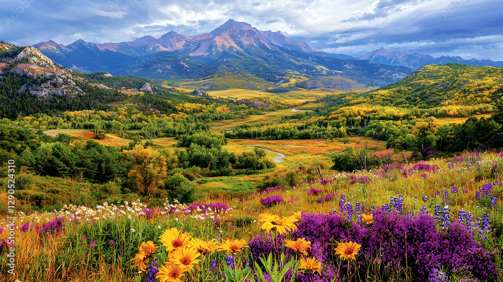 Fototapeta premium Autumnal mountain valley wildflowers, scenic landscape; travel poster