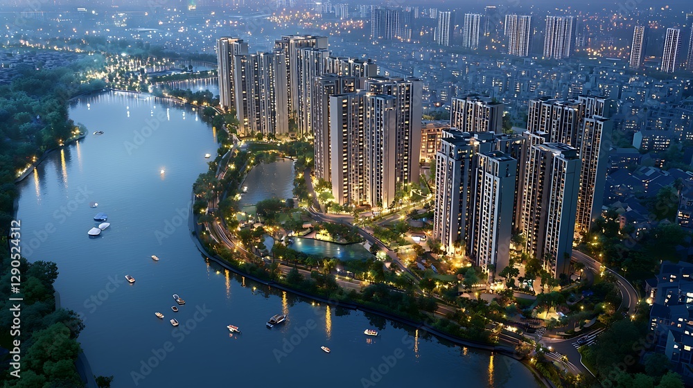 Naklejka premium Nighttime Cityscape Overlooking River with Modern Buildings and Luminous Urban Environment
