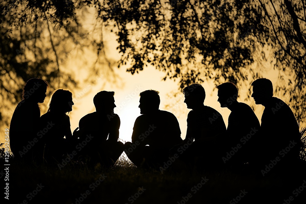Fototapeta premium Silhouette of young adults in outdoor group discussion at sunset