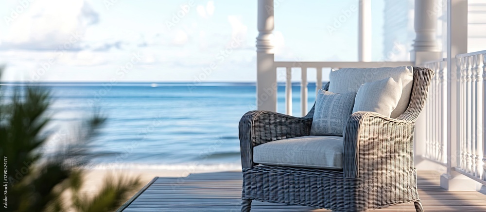 Fototapeta premium Cozy wicker chair with soft cushions on a seaside porch overlooking calm blue waters and fluffy clouds in a bright sunny atmosphere.