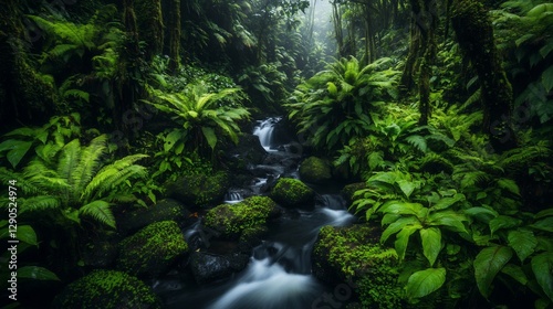 Lush rainforest creek flowing through dense foliage