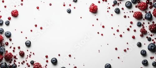 Colorful assortment of fresh blueberries and raspberries scattered on a clean white background with focus on vibrant blue and red hues.