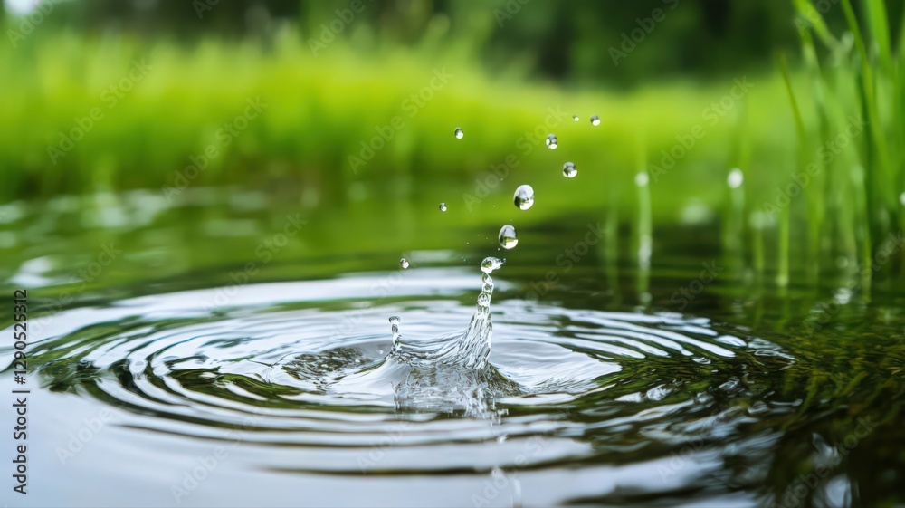 Water Droplets Splashing in a Calm Pond with Lush Green Background Water Droplets Splashing in a Calm Pond with Lush Green Background