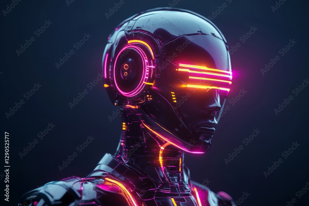Futuristic robot with glowing neon features stands against a dark background in a modern art display Futuristic robot with glowing neon features stands against a dark background in a modern art display
