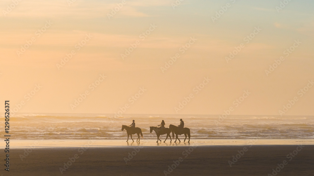 Three horse riders silhouetted against a hazy sunset by the beach, creating a serene and picturesque scene that evokes feelings of adventure and freedom. Three horse riders silhouetted against a hazy sunset by the beach, creating a serene and picturesque scene that evokes feelings of adventure and freedom.