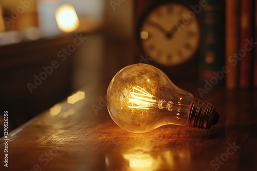 A glowing vintage light bulb rests on a wooden surface, illuminated against a blurred background of a clock and books.