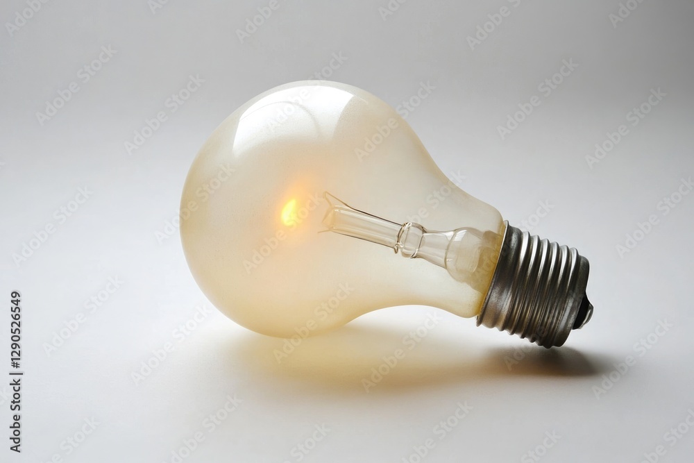 A glowing incandescent light bulb rests on a white surface, emitting a warm, soft light.