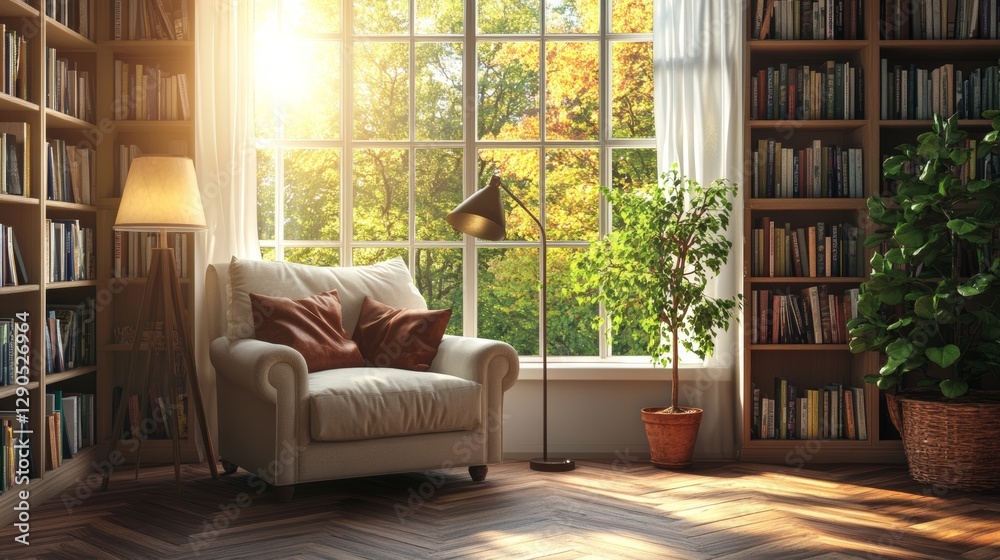 Fototapeta premium Cozy Living Room With Natural Light, a Comfortable Armchair, a Lamp, and a View of a Lush Garden During Autumn