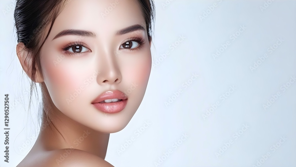 Naklejka premium A close-up portrait of a woman with a smooth complexion, natural makeup, and a soft expression against a light background. Concept Close-Up Portrait, Smooth Complexion, Natural Makeup