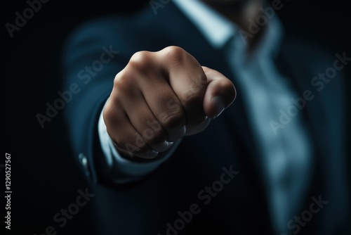 Pointing hand gesture of a businessman in a dark suit on a dramatic black background. Authority and leadership concept. photo