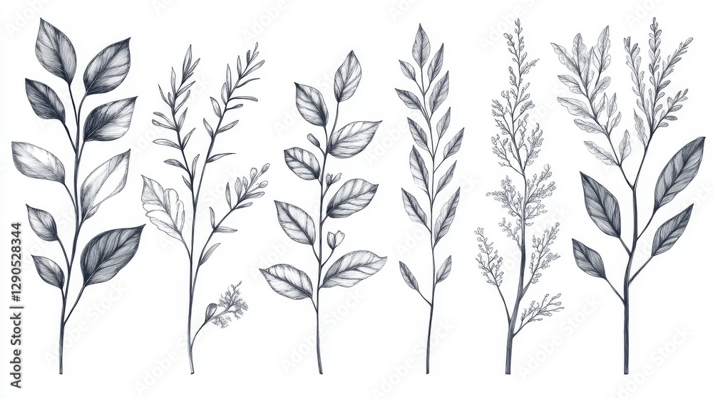 Fototapeta premium Detailed monochrome botanical illustration of various leafy plants