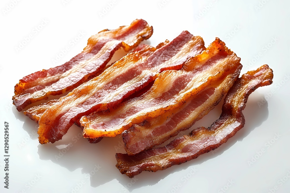 Crispy fried bacon slices arranged on a plate, showcasing golden-brown texture and rich color, ideal for breakfast or gourmet meals, book illustration style Crispy fried bacon slices arranged on a plate, showcasing golden-brown texture and rich color, ideal for breakfast or gourmet meals, book illustration style