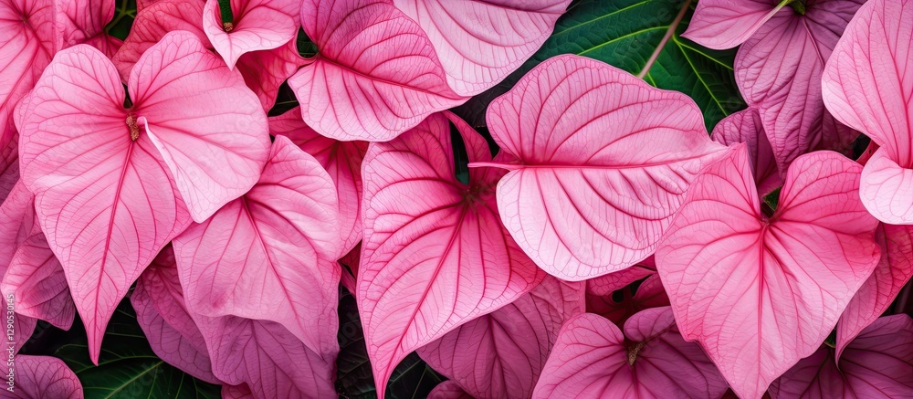Vibrant pink caladium leaves with intricate textures surrounded by lush dark green foliage creating a tropical decorative plant backdrop. Vibrant pink caladium leaves with intricate textures surrounded by lush dark green foliage creating a tropical decorative plant backdrop.