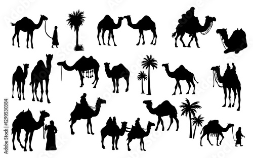 camel and herdsman silhouette elements icon set