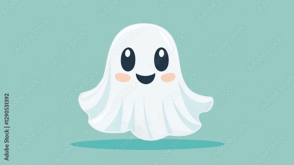 Cute cartoon ghost with smiling face on light teal background