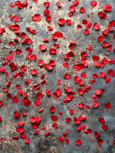 Petals scattered on a rustic surface create a romantic vibe