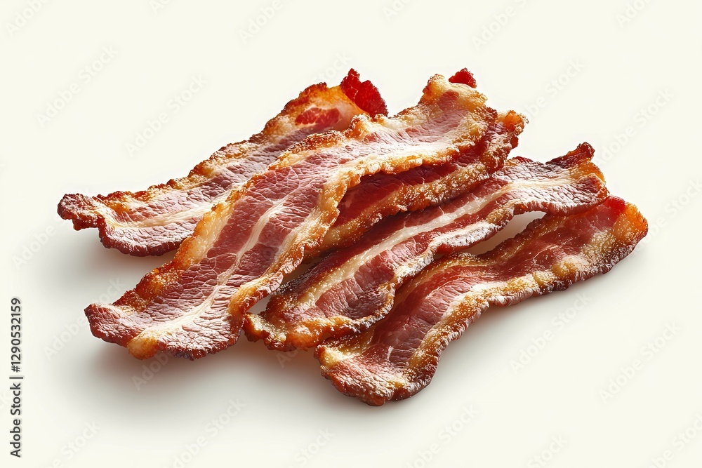 Crispy fried bacon slices arranged on a plate, showcasing golden-brown texture and rich color, ideal for breakfast or gourmet meals, book illustration style Crispy fried bacon slices arranged on a plate, showcasing golden-brown texture and rich color, ideal for breakfast or gourmet meals, book illustration style
