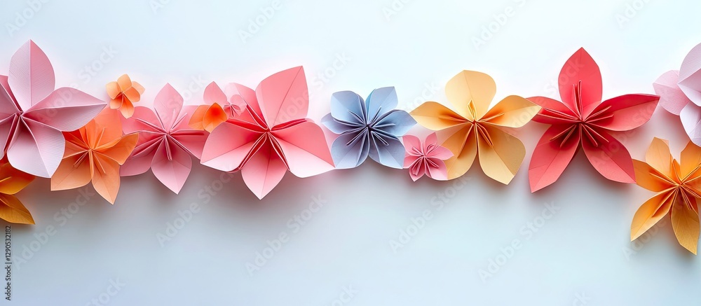 custom made wallpaper toronto digitalColorful origami flowers in pink, orange, and blue arranged in a line on a bright white background, showcasing intricate paper folding techniques.
