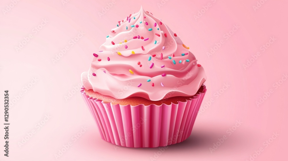 Delicious pink frosted cupcake with colorful sprinkles on pink background Delicious pink frosted cupcake with colorful sprinkles on pink background