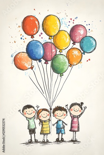 Kids with balloons, celebrating, happy