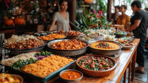 Tropical buffet lunch with diverse dishes,  people enjoying food