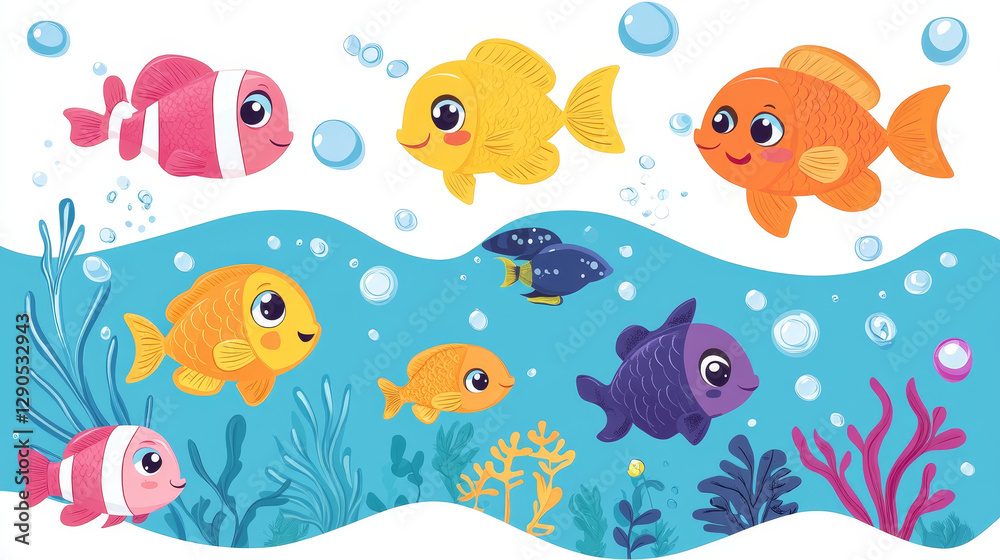 Marine aqua fish banner vector pattern with cute decorative fishes illustration. Funny multicolor background, marine texture underwater aquatic fishing animals. Marine aqua fish banner vector pattern with cute decorative fishes illustration. Funny multicolor background, marine texture underwater aquatic fishing animals.