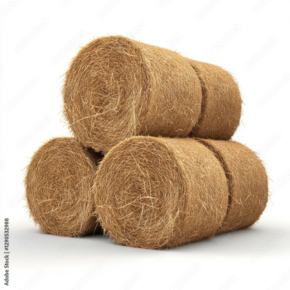 Rustic Round Hay Bales on White, textured bales stacked together, showcasing bright, vibrant colors and natural appeal against a clean backdrop