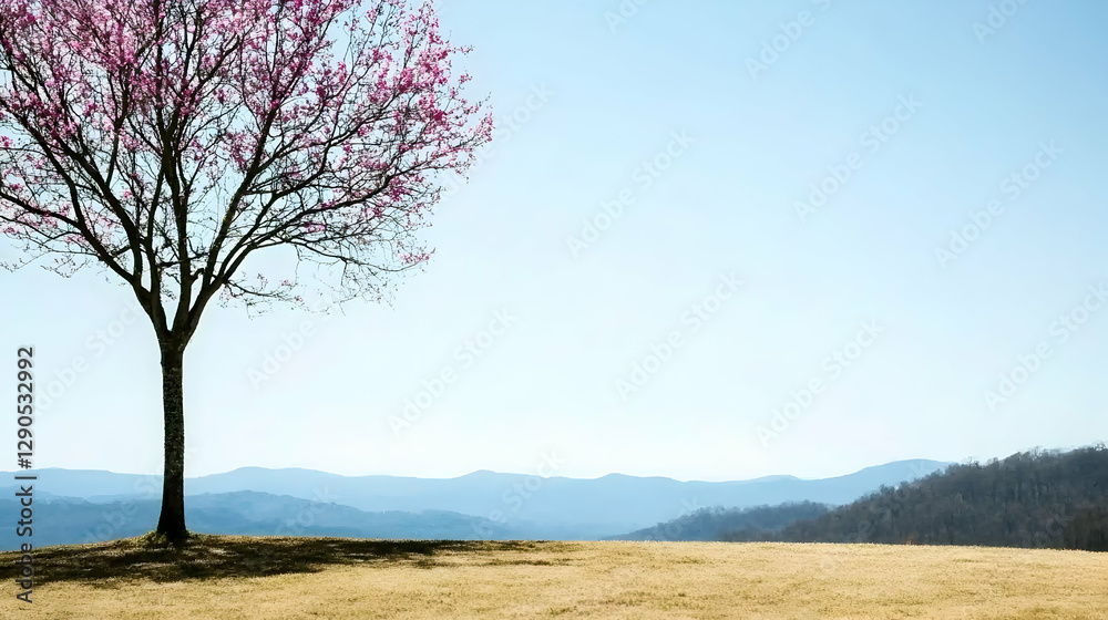 Pink Blossomed Tree on Mountain Meadow Pink Blossomed Tree on Mountain Meadow
