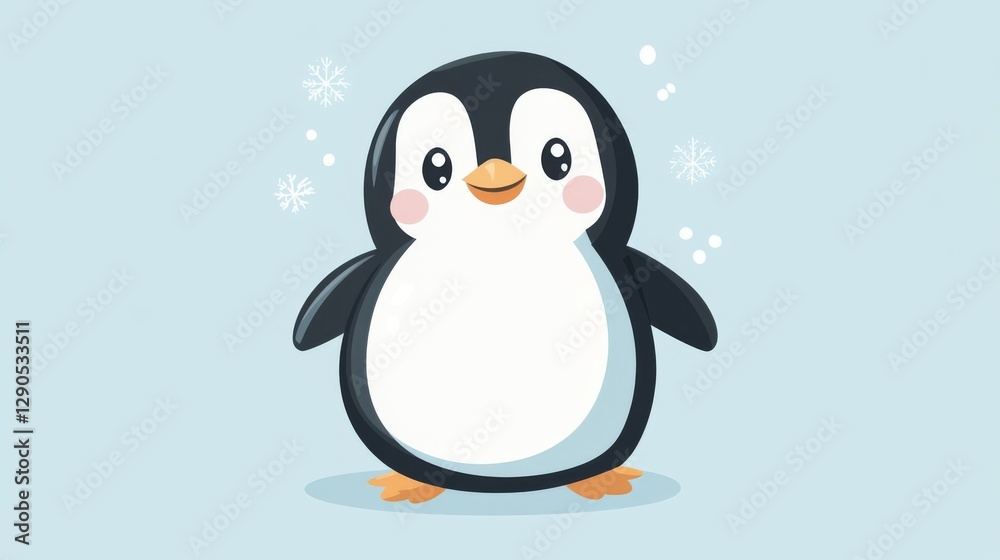 Naklejka premium Cute cartoon penguin illustration with snowflakes on light blue background