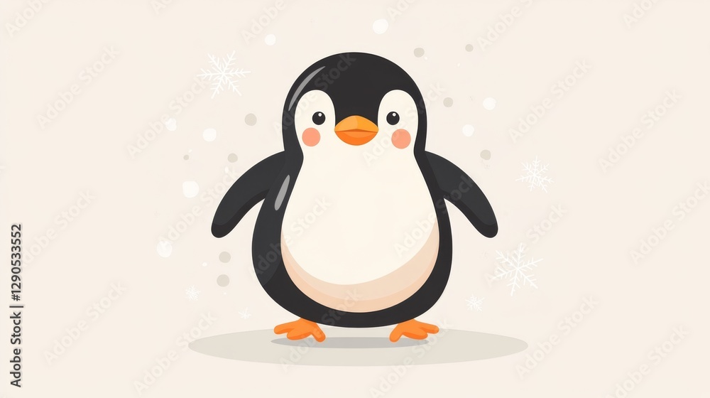 Obraz premium Cute cartoon penguin with snowflakes and dotted background