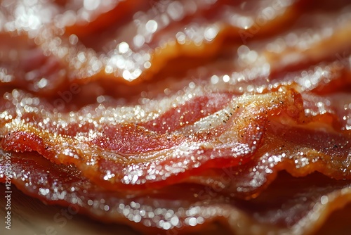 Golden-brown bacon strips with a glistening surface, freshly cooked and placed on parchment, highlighting texture and crispiness, perfect for food photography, comic book style