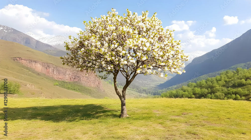 Fototapeta premium Blossoming tree in mountain meadow