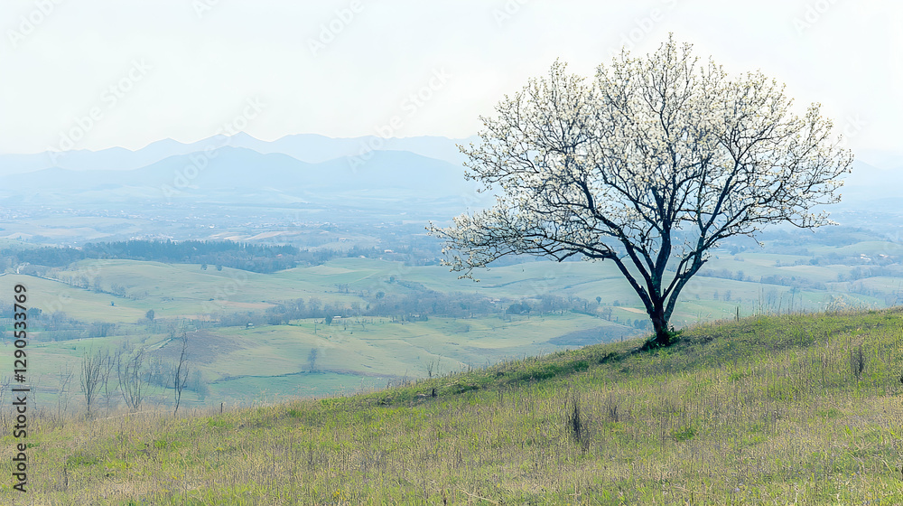Blossoming tree on hillside, misty mountain vista Blossoming tree on hillside, misty mountain vista