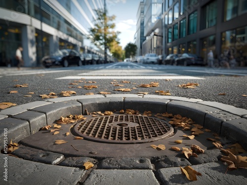 Autumnal city street scene with manhole cover and fallen leaves 