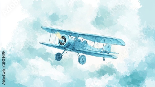 Vintage biplane flying through cloudy sky in watercolor style