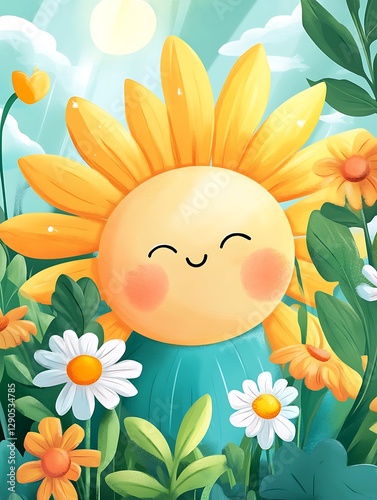 Smiling sunflower in a flower field
