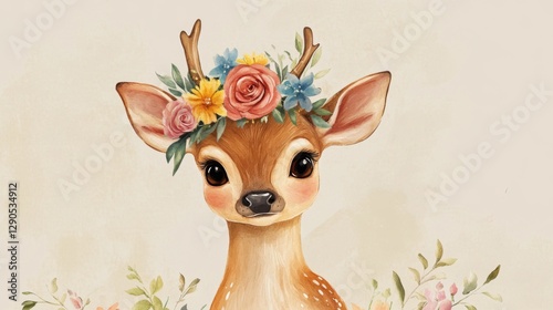 Whimsical deer fawn with antlers wearing floral crown in pastel palette