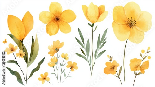 Fototapeta Naklejka Na Ścianę i Meble -  Collection of vibrant yellow and orange watercolor flowers with green leaves
