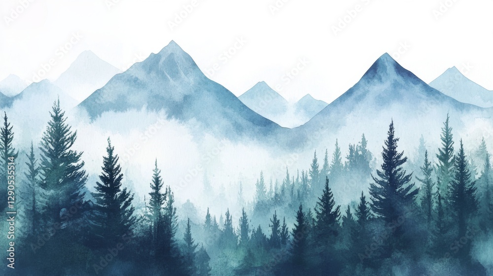 Fototapeta premium Serene mountain range with misty forest and fir trees in watercolor style