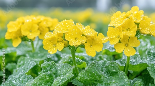 Yellow flowers covered in raindrops in a field, soft focus background photo