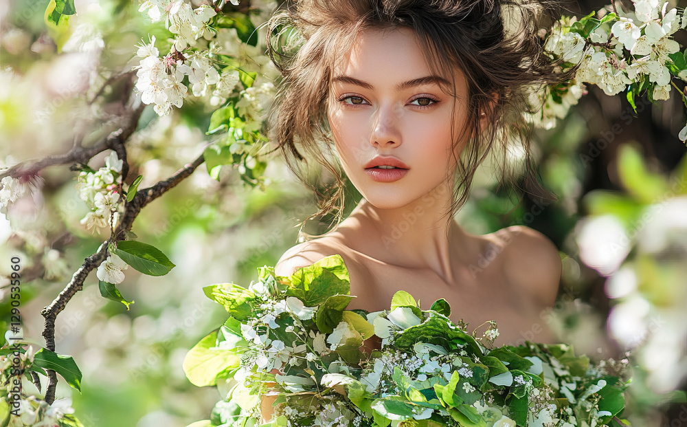 A stunning woman in a dress made of lush green leaves and flowers poses elegantly against a white background. Spring fashion meets nature in this studio portrait.