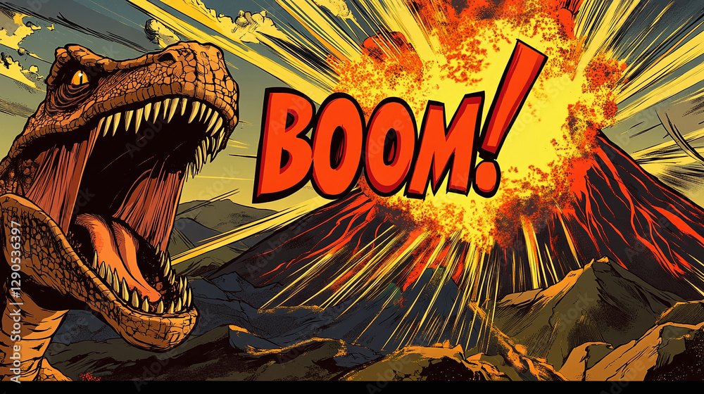 Fototapeta premium Comic-style image with a dinosaur similar to a tyrannosaurus, which opens its mouth wide with sharp teeth. In the background, a volcano erupts, spewing lava and a cloud of smoke. In the center there i