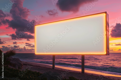 A blank horizontal billboard mockup placed on a beach at sunset, neon borders glowing warmly.
