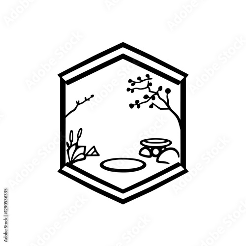 Minimalist Garden Scene: A tranquil and serene black and white illustration of stylized trees and a water basin within a hexagonal frame.