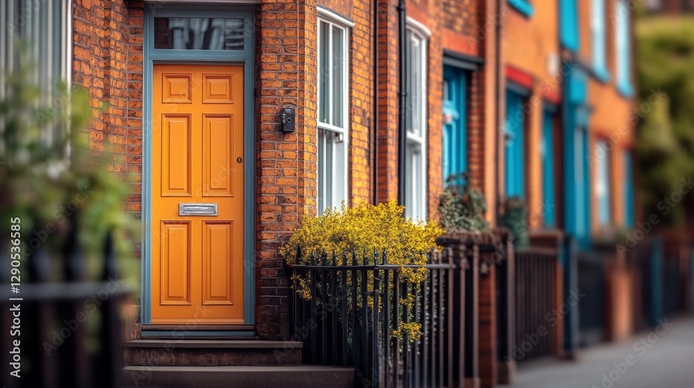 Yellow door with a white trim sits in front of a brick building. The door is the only bright color in the scene, which gives the impression of a warm and welcoming atmosphere Yellow door with a white trim sits in front of a brick building. The door is the only bright color in the scene, which gives the impression of a warm and welcoming atmosphere
